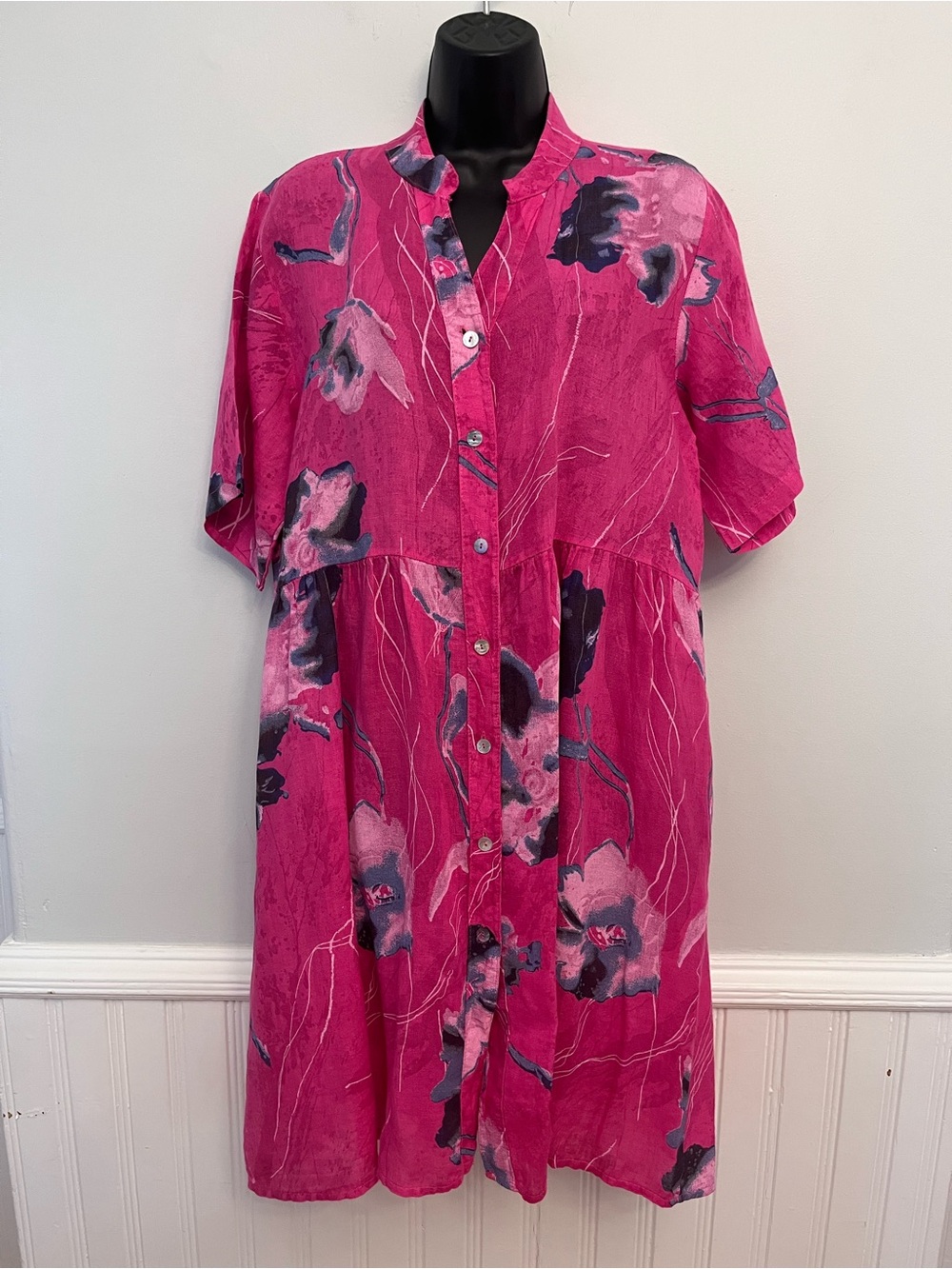 Caterina Ricci Floral Linen Button Front Dress, Size Medium